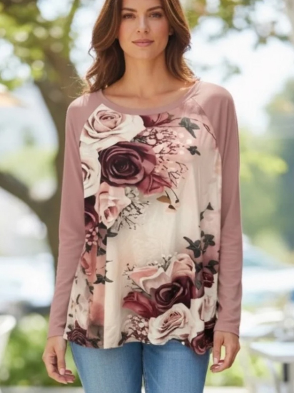Women Floral Rose Print Raglan Sleeve Tunic Top Plus Size 2X NWT